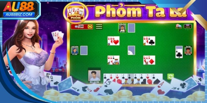 Bàn chơi bài phỏm hiển thị rõ từng quân bài và diễn biến ván đấu trực quan